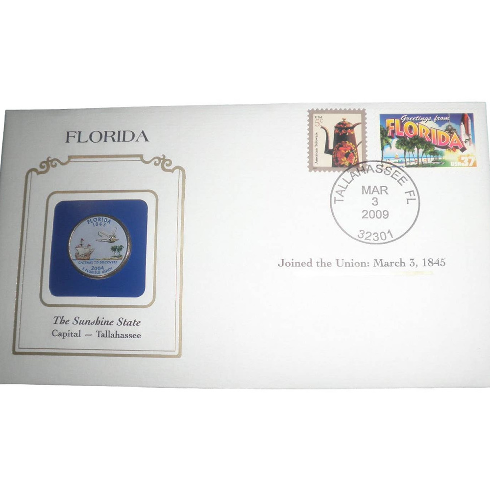 FLORIDA COLORIZED QUARTER & FIRST DAY COVER BY POSTAL COMMEMORATIVE SOCIETY